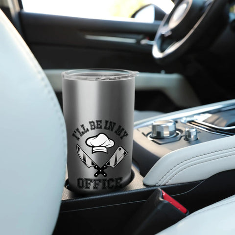 Chef Life Office Kitchen Stainless Steel Insulated Tumbler For Chefs And Foodies Keeps Drinks Hot Or Cold All Day Perfect Gift Idea For Birthday Fathers Day Or Any Kitchen Session shown in a car cup holder.