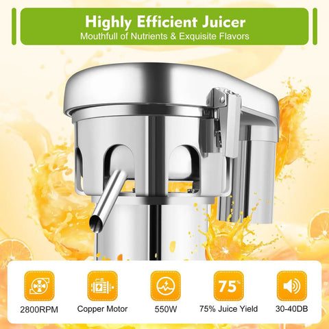 Super Cool 550W Electric Stainless Steel Centrifugal Juicer Machine For Fresh Fruit And Vegetable Juice Extraction With Auto Pulp Separator, close-up view of motor and spout.