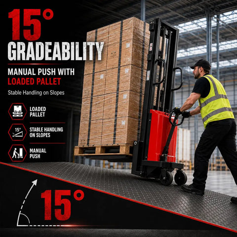 Rock Solid 6000 Lbs Heavy Duty Semi Electric Pallet Stacker With Adjustable Steel Forks, Massive 118 Walkie Lift Height For Warehouse And Factory Work helps in manual push with loaded pallet on a slope.