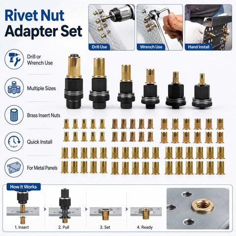 Six Rivet Nut Pliers And Sixty Press In Nuts Kit For M3 To M10 Rivet Nut Tool Set For Automotive Industrial Applications In Metal Farm And Agricultural Equipment All In One Retrofitting Kit, brass inserts shown