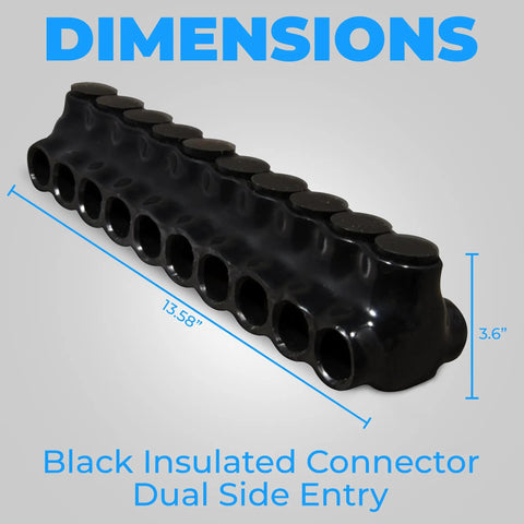 Rock Solid Dual Entry Wire Connectors With Ten Heavy Duty Ports And Slick Black Vinyl Protective Sleeve For Copper Or Aluminum Wiring Straight Up Reliability Terminal Block dimensions 13.58" by 3.6".