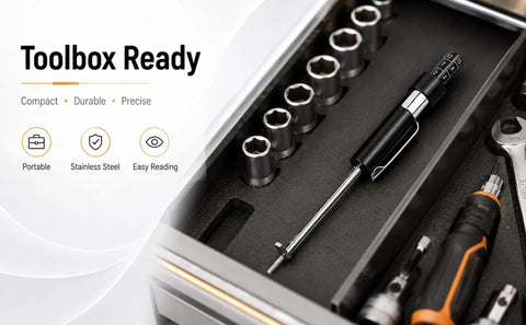 Heavy Duty Brake Pad Thickness Gauge With Slim Probe For Quick No Wheel Removal Checks precise millimeter scale in toolbox.