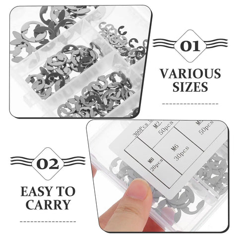 Beefy Stainless Steel E Shaped Retaining Ring Circlip Kit With 300 Pcs in clear storage case showing various sizes and easy carry