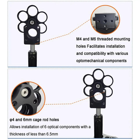 0.5 Inch Filter Wheel For Telescopes, Cage Coaxial Mount With M4 And M6 Threaded Interfaces shown on stand