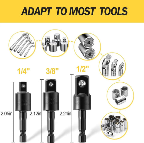 Four Piece Power Drill Sockets Adapter Set With 360 Degree Rotatable Extensions infographic showing sizes and features