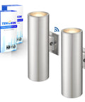 2 Pack Outdoor Wall Lights Dusk To Dawn Sensor Dope Stainless Steel Wall Sconces For Exterior Use Waterproof All Weather Modern Porch Lighting Auto Sensor Brushed Nickel Finish, with packaging in background