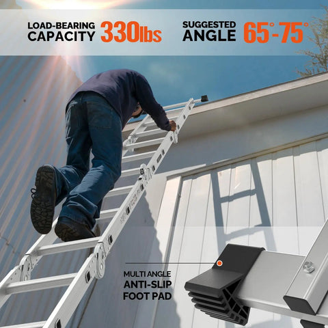 Twelve And A Half Foot Folding Aluminum Ladder Multi Purpose Seven In One Heavy Duty Ladder For Everyday Home Garage And Job Site Use With Scaffold Leaning Ladder Stepladder And Adjustable Configurations EN 131 Standard, man climbing roof