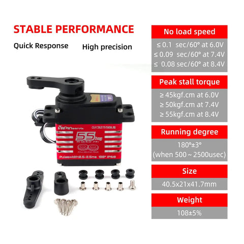 Beefy 55Kg Torque Waterproof IP68 Brushless Digital Servo with 7.4V Motor and Steel Helical Gears shown with accessories.