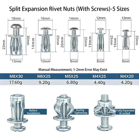 Complete Button Rivet Locking Nuts Assortment Kit Featuring M4 M5 M6 M8 Sizes With Flower Head Fasteners for installation comparison.