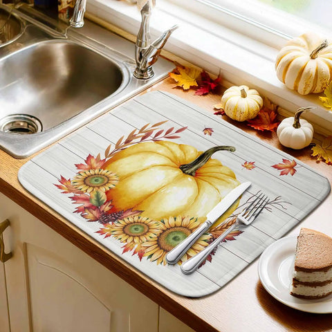 Fall Thanksgiving Dish Drying Mat For Kitchen Counter Yellow Pumpkin Sunflower Wood Grain Look Absorbent Microfiber 16x18 inches