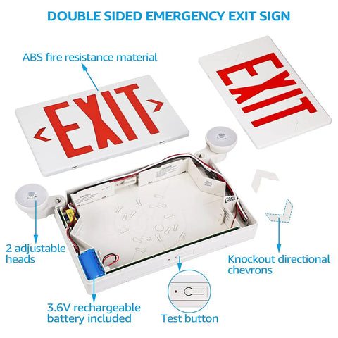 Black LED Exit Sign With Emergency Lights UL 924 Battery Backup Double Face Damp Location 120/277V Pack Of 2 components