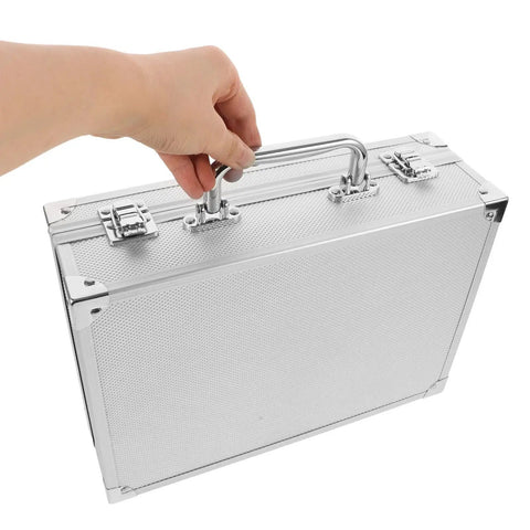 Hand holding a portable aluminum toolbox organizer with heavy duty lock, perfect for tradesmen and homeowners.
