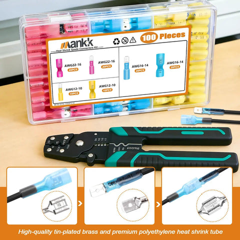 100Piece Heat Shrink Spade Connectors Kit With Crimping Tool For Electrical Projects Waterproof AWG 22 To 10 Spade Terminals
