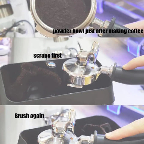Electric Automatic Portafilter Cleaner And Knock Box With 58mm Mount displaying steps to clean a portafilter after coffee making.