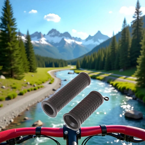Grippy Universal Mountain Bike Handlebar Grips Twisting Shifters Shock Absorbing Anti Slip Soft Rubber depicted in mountain setting