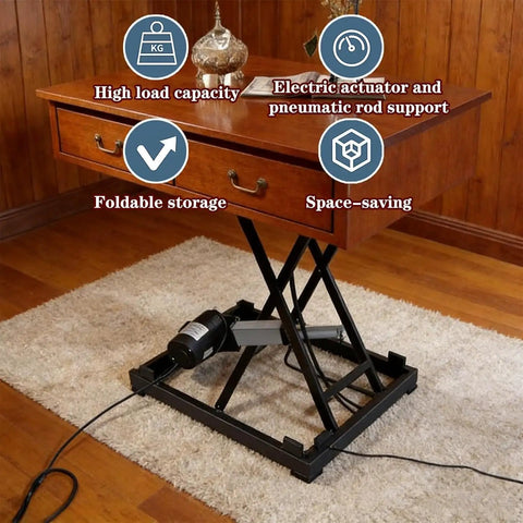 Portable Electric Scissor Lift Table With Remotes Space Saving Height Adjustable Coffee Platform For Home Office Diy Shop And Workshop Folding Storage Hack That Fits Like A Charm, showing high load capacity and foldable design.