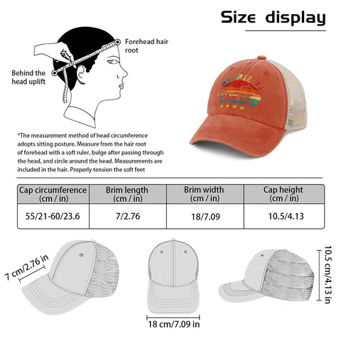 Funny RV Pilot Road Trip Hat For Outdoor Adventures with size guide and adjustable strap in bright saffron color