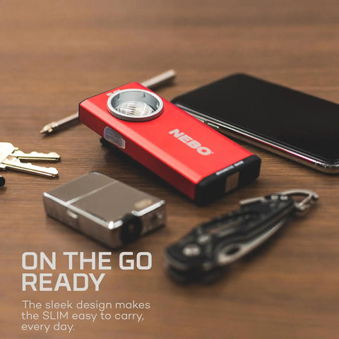 Slim Pocket Flashlight With 500 Lumens Rechargeable Mini EDC Work Light Magnetic Base Dimmable Red next to keys and phone