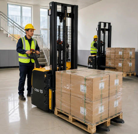 Top Tier Electric Walkie Pallet Stacker With Huge 1500Kg Capacity transporting boxes in a warehouse, operated by a worker.