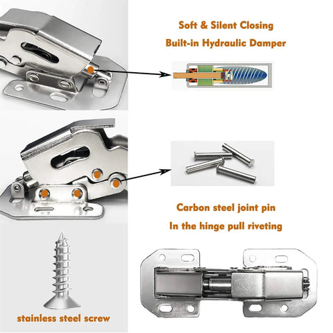 18 Pack No Slam Soft Close Hidden Hinges For Frameless Cabinet Doors With Built In Hydraulic Dampers Surface Mount Rust Resistant Nickel Plated Steel Quiet Slow Close For Smooth Cabinet Closures showing hinge mechanism and components.