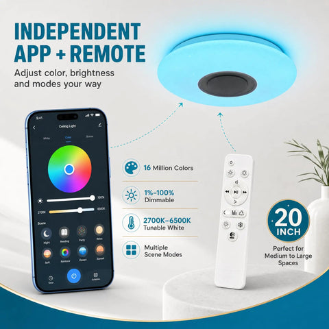 Smart Ceiling Light With Bluetooth Speaker 19.7 Inch 36W Dimmable 95 To 265V Energy Saving Modern Home Party Lighting