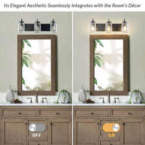 Mason Jar Vanity Glass Wall Lights Black Wall Sconce for Bathroom Farmhouse Decor before and after lighting view