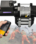 Heavy Duty 12V 24V Electric Winch With Steel Cable And Wireless Remote For Off Road Truck UTV ATV Trailer Recovery Towing 4000 Lbs 4500 Lbs showing winch and remote control.
