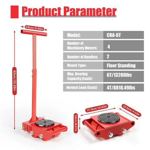 Heavy Duty 4 Pc Machinery Mover Skates With Steering Handles dimensions and specifications image showing steel construction and load capacity.