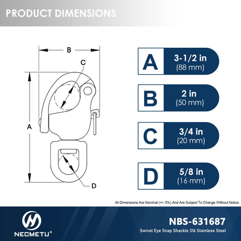 Built Tough 316 Stainless Steel Quick Release Snap Shackle dimensions diagram with measurements labeled A, B, C, D for marine hardware.