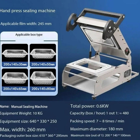 Top Notch Manual Food Sealing Machine For Sandwich Trays And Takeaway Boxes Delivers Fast Eight Seals Per Minute With Adjustable Heat Control, showing stainless steel design and box compatibility.