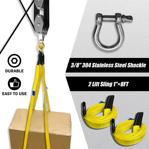 Upgraded Rope Hoist Pulley System 4400 Lbs Block And Tackle Kit showing stainless steel shackle and yellow lifting slings.