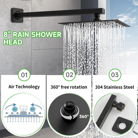 Heavy Duty Eight Inch Rain Shower Head And Matte Black Faucet Set Crafted From Solid Brass And Tough 304 Stainless Steel For A Smooth Non Clog Bathroom Setup That Runs Clean And Looks Fresh Every Day.