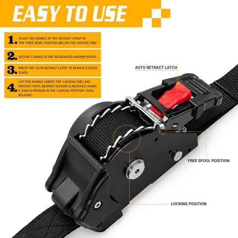 Tough Built Retractable Ratchet Straps For Heavy Duty Cargo Hauling showing auto retract latch and locking positions.