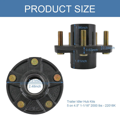 Top and side view of Trailer Idler Hub Kit Set For 5 On 4.5 Inch Axles 2000 Lb Capacity 1-1/16 Inch Straight Spindle