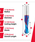 Solid Carbide Up Cut Ball Nose Router Bit Half Inch Diameter, One And A Quarter Inch Cut Length, Half Inch Shank For Wood, Plastic, MDF And Foam, Spektra Extreme Tool Life Coated, Model 46380K, Made In USA, with dimensions shown.