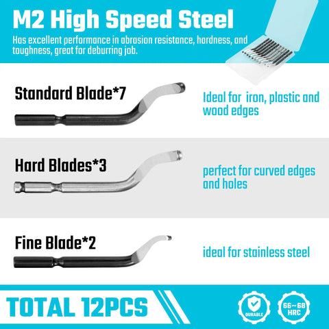 Deburring Tool Pro Grade With 12 M2 High Speed Steel Blades, 360 Degree Rotating Head, blade types and uses chart for metal smoothing