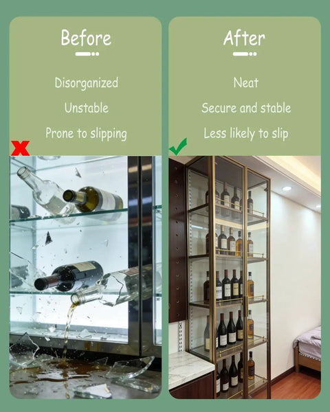 Before and after using Heavy Duty Brass Shelf Rails 2 Pack With Tipping Spindles For Bookcase Shelves 74 Inch Long Solid Brass Burr Free Smooth Finish Built To Last DIY Friendly Easy Install Perfect For Wet Kitchens And Bathrooms showing disorganized and broken glass then neat bottles secured.