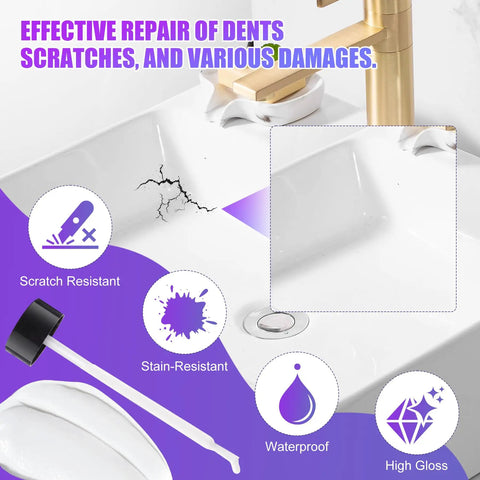 White Touch Up Paint Pen 7oz Multi Surface Quick Dry Repair for Walls Doors Cabinets Wood Furniture Bathtubs Tiles and Radiators Easy DIY Fix Dries Fast in Two Hours Per Layer Fully Cures in 24 Hours Glossy or Matte Finish shown repairing sink crack