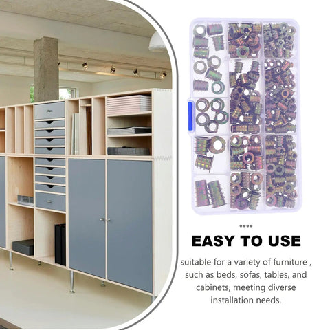 Badass Zinc Alloy Threaded Insert Nuts With Hex Socket Screws And Included Driver For Zero Sweat Furniture Assembly On Cabinets Tables Sofas And Shelves 230 Piece Go To Hardware Kit displayed in organizer next to modern furniture.