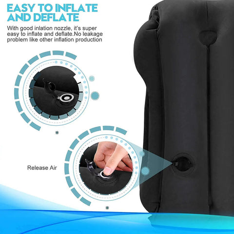 Close-up of black inflatable travel neck pillow with air nozzle, showing easy inflation and deflation process.