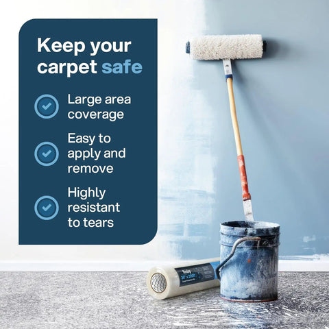 Self Adhesive Carpet Protector Film Heavy Duty Shield For Floors And Stairs No Mess 36x200 Foot Roll next to paint bucket.