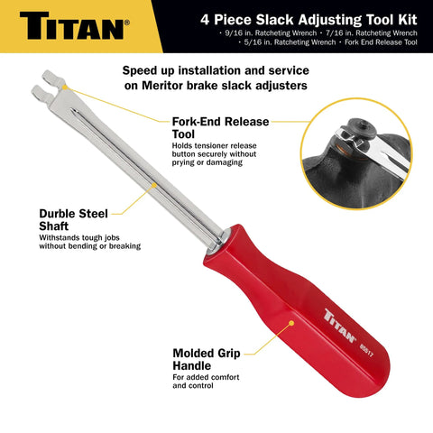 Slack Adjusting Tool And Wrench Kit Four Piece Set For Heavy Duty Truck Brakes With durable steel shaft and molded grip handle.