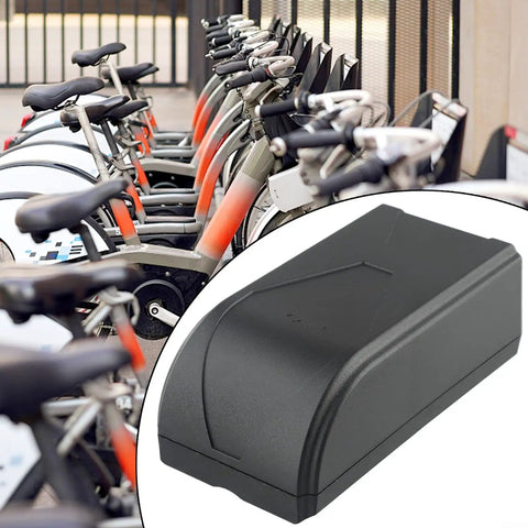 Extra Large Waterproof Controller Box For Electric Bikes And Scooters Built Tough As Nails With Grip Tight Mount Rack next to parked bikes.