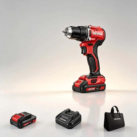 Built Like A Tank 20V Brushless Cordless Drill Driver Pumps Out 90Nm Of Badass Torque shown with two batteries and a carrying bag.