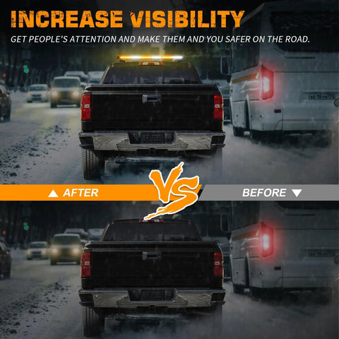 Heavy Duty Twenty Eight Point Four Inch Eighty Led Roof Strobe Light Bar featuring visible amber and white lights on a truck, enhancing roadside safety.