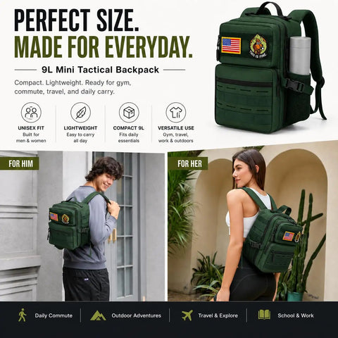 9L Mini Tactical Backpack For Men And Women displayed, lightweight waterproof 1000D Oxford gear bag for gym, hiking, travel and camping.