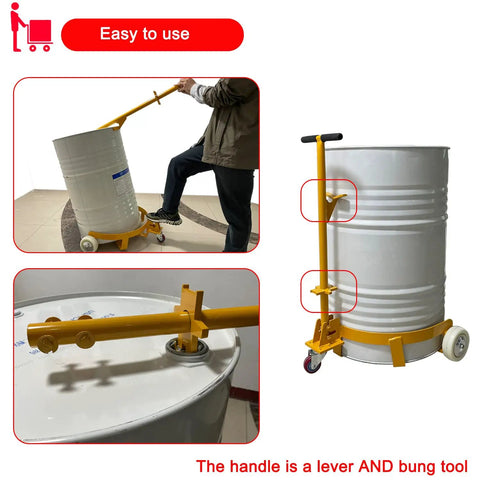 Hella Sturdy Steel Drum Dolly Cart Featuring Smooth Rolling Poly Wheels For No Sweat Hauling Of 55 Gallon Barrels and Heavy Tools, shown in use.