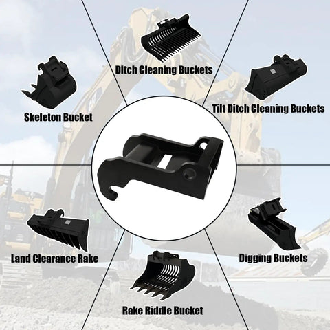 Rock Solid Coupler Bracket for Mini Excavator Quick Attach Mounts Built to Last in Heavy Duty Steel with Black Coating Compatible with Bobcat E Series Buckets and Attachments surrounded by different bucket types.