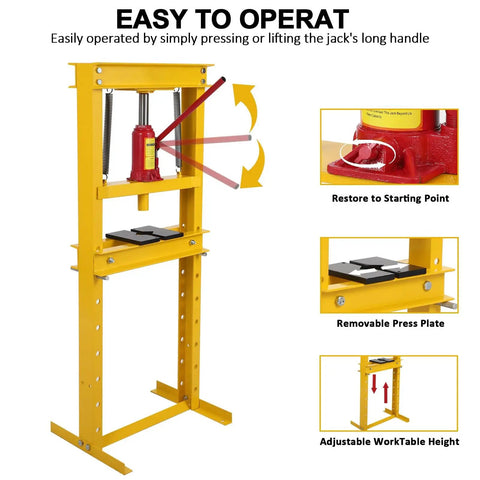 12 Ton Yellow H Frame Hydraulic Press For DIY Pros And Weekend Warriors With Four Height Adjustable Plates Heavy Duty Bearing Gear Removal Straightening Bending And Press Fit Jobs In The Garage Or Shop.