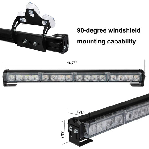 Straight Up Tough 2X16 Inch Led Strobe Light Bar Packing 32 Blazing Diodes And 26 Quick Swap Flash Patterns For Interior Emergency Traffic Advisory Warning Duty In Solid Amber And Crisp White showing 90-degree windshield mounting capability.